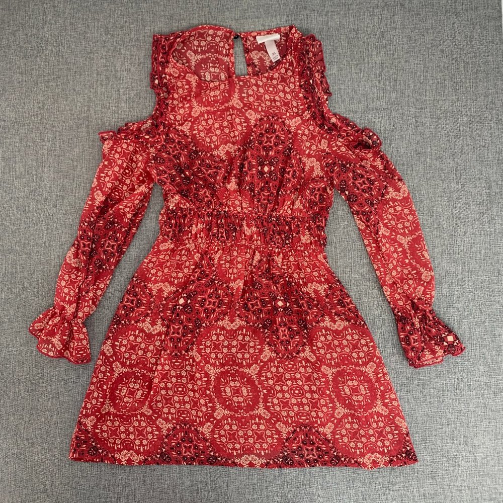 Knox Rose Red Sheer Dress Cold Shoulder XS‎ Long Ruffles Sleeves Floral Print